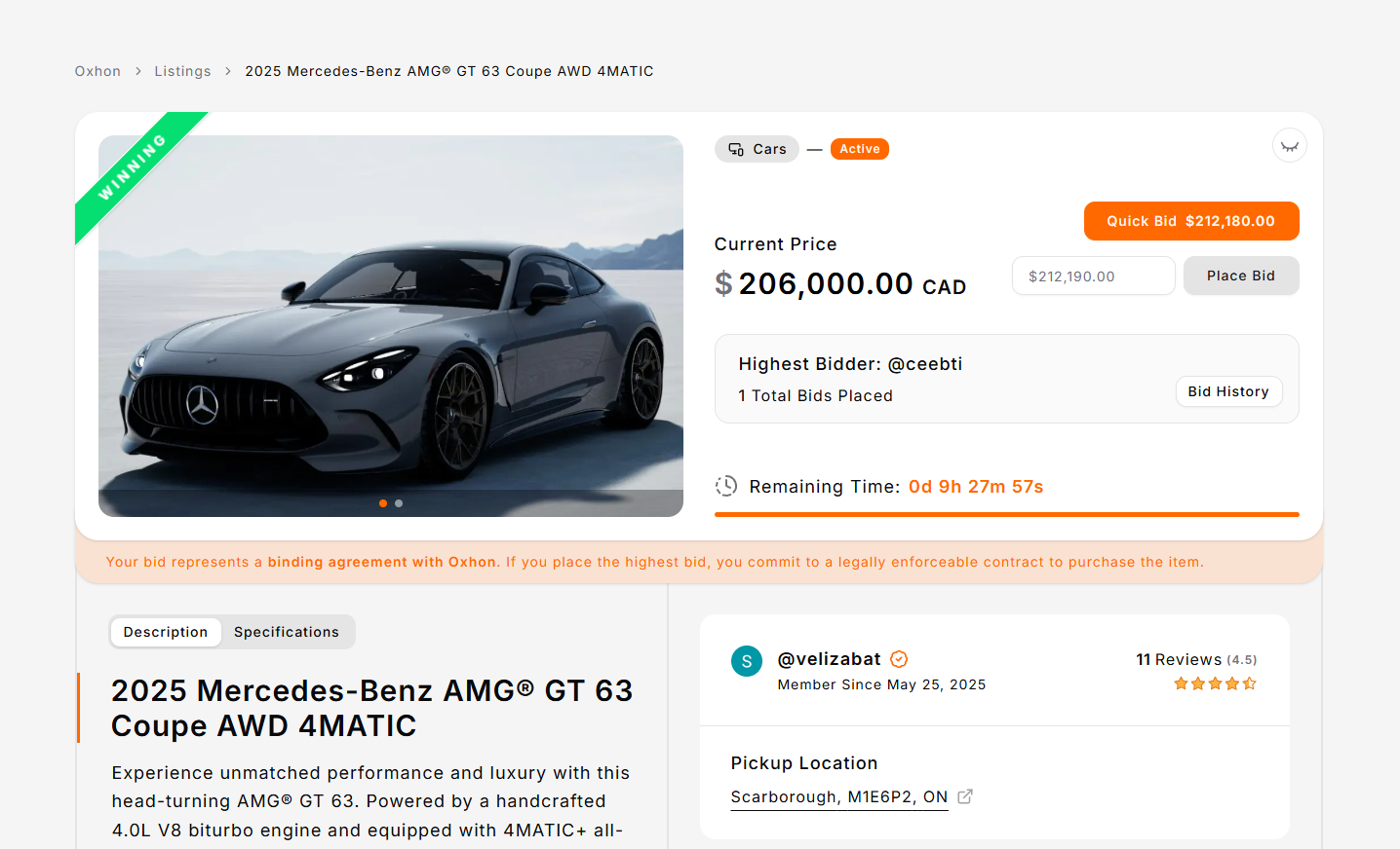 Platform preview showing the car bidding interface